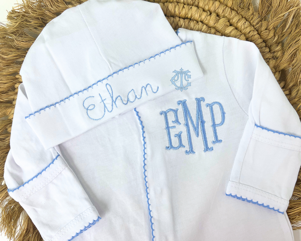 Picot Trim Button Up Footie Coming Home Set