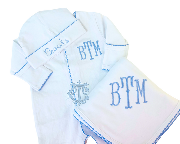 Picot Trim Button Up Footie Coming Home Set